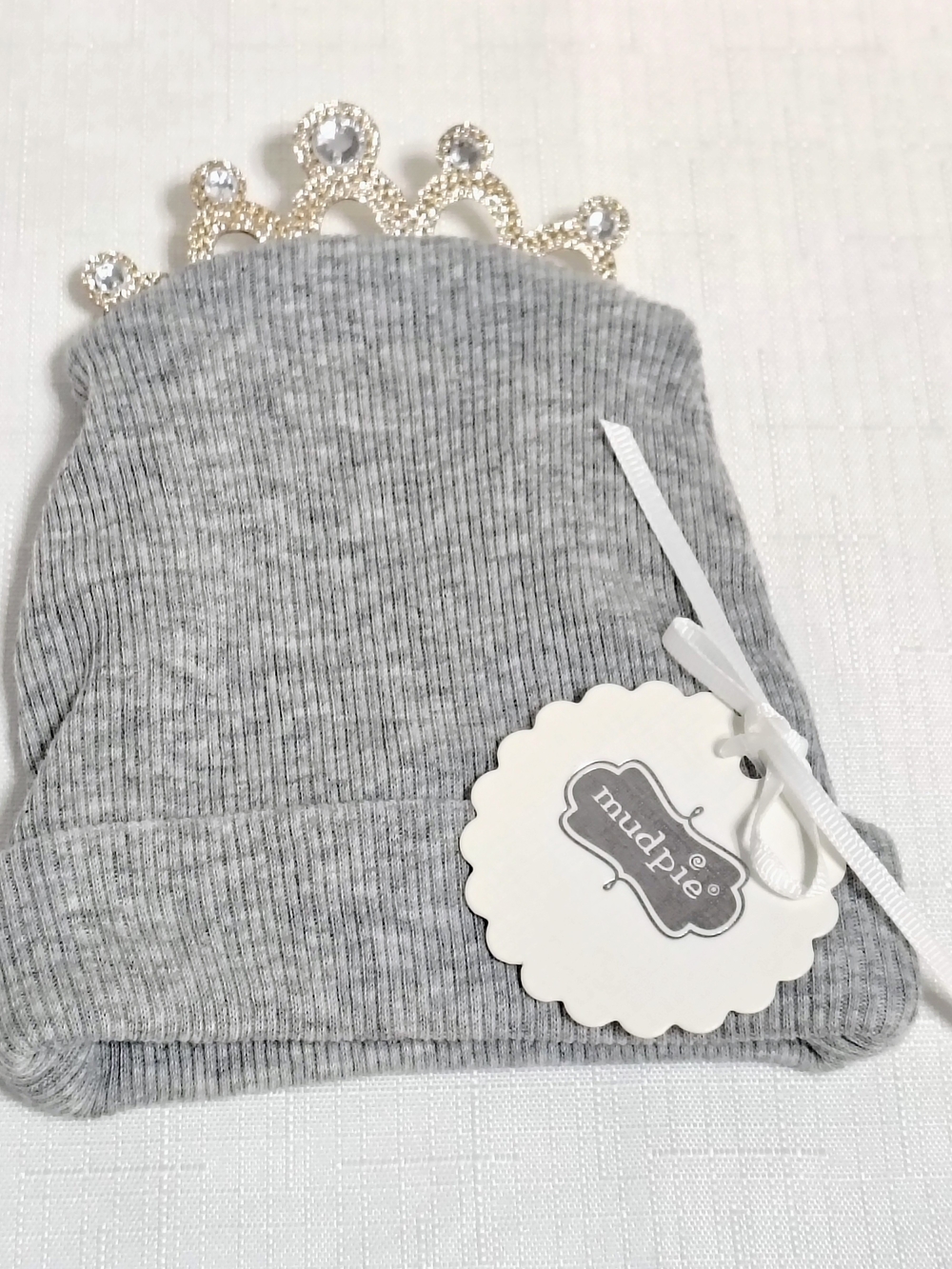Gray Ribbed Knit Baby Beanie Hat with Rhinestone Tiara By Mudpie 0-3mo